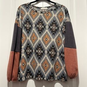 Entro Geometric Long Sleeve Top - Orange, Gray, Black